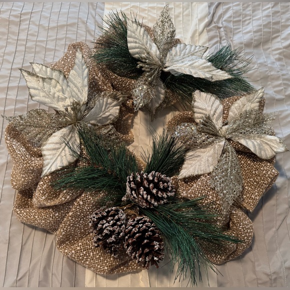 Other - Elegant Holiday Wreath with Pinecones and Glitter Leaves and Burlap